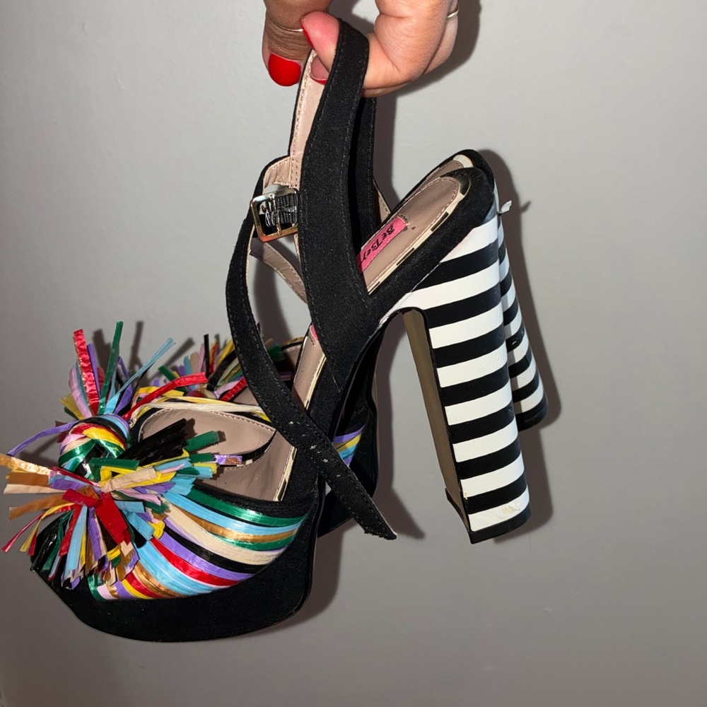 Betsey Johnson Black Platform Sandals with Multicolor Fringe